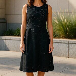 Ann Taylor Women's Midi Dress Black Eyelet Floral Sleeveless Size 12